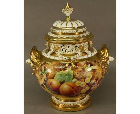 A LARGE ROYAL WORCESTER HAND-PAINTED VASE AND COVER having a domed finial topped cover, pierced and swag decorated rim and or