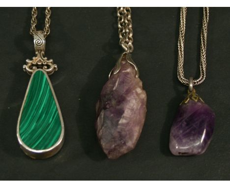 A WHITE METAL MOUNTED MALACHITE PENDANT of tear drop form, suspended by a multi-linked chain, marked 925, 52cm(L); sold toget
