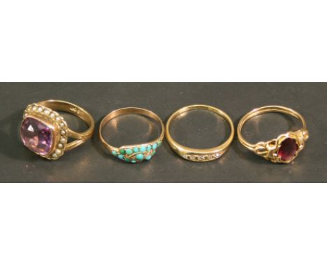 A GROUP OF FOUR GOLD AND YELLOW METAL STONE-SET RINGS comprising an amethyst and seed pearl ring, marked 9ct, ring size K; an