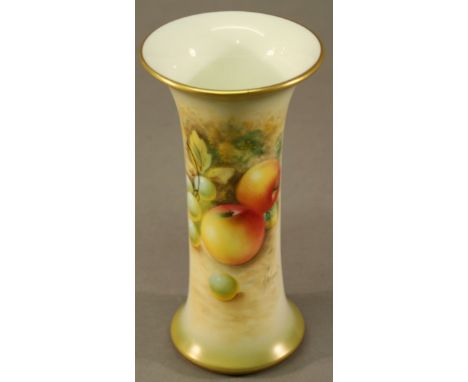 A ROYAL WORCESTER HAND-PAINTED VASE of flared cylindrical form decorated with fruit on a mossy setting, signed Roberts, date 