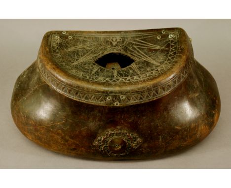 A GOOD 19TH CENTURY STITCHED AND EMBOSSED-LEATHER POT-BELLIED FISHING CREEL having a hinged lid embossed with a half compass 