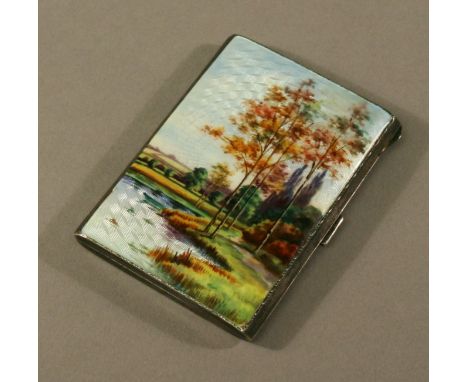 AN IMPORTED 925 SILVER AND ENAMEL CIGARETTE CASE decorated with an autumnal lake scene, London (import) 1930, maker A.J. 8.2c