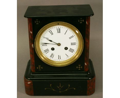 A LATE 19TH CENTURY SLATE AND MARBLE MANTEL CLOCK, the circular white enamelled dial with Roman hours and two winding apertur