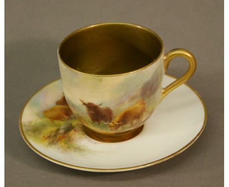 A ROYAL WORCESTER HAND-PAINTED CABINET CUP AND SAUCER painted with Highland cattle against a white ground, gilt interior, sig