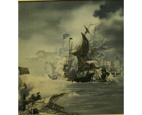 A LARGE OAK FRAMED SILK SCREEN PRINT depicting a nautical battle scene, within a gilt slip and moulded oak frame 94cm x 88cm 