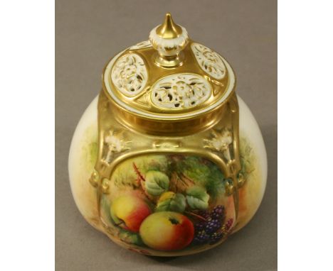 A ROYAL WORCESTER HAND-DECORATED POT POURRI VASE having a finial topped cover with pierced oval panels and lobed globular bod