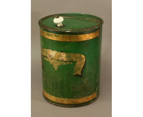 A 19TH CENTURY TIN DRY GOODS BIN, cylindrical with green painted exterior, the hinged cover with ceramic handle. 32cm(h) COND