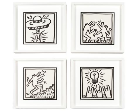 Keith Haring (American, 1958-1990)UFO; Barking Dogs; Dog Climbing; Light Bulb  Four lithographs printed in black, 1982, on wo