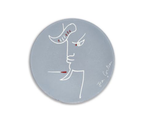 Jean Cocteau (French, 1889-1963)Tête de chèvre-pied gravée sur bleu (Guédras  230) White earthenware ceramic plate with blue 