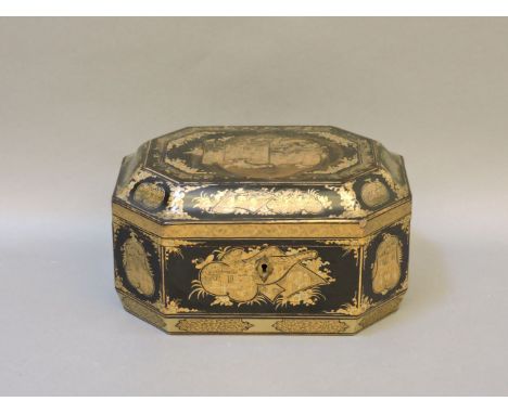 A Chinese export lacquered tea caddy, opening to reveal two metal containers, 23.5cm wide
