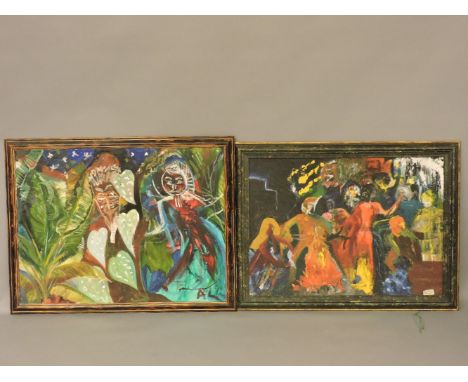 Six large 1980s abstract oil paintings, some by Angela Laura Baxter, largest 157 x 107cm overall, and portrait of a man readi