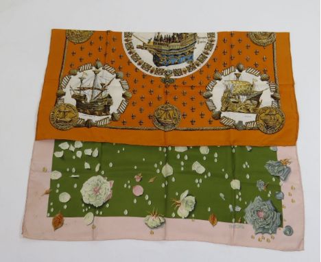 Four Hermès silk scarves, including 'Nefs d'Or', a galleon design on a golden ground, four Balenciaga silk scarves, in variou