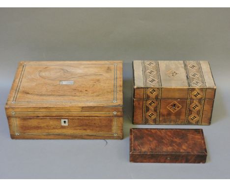 A Victorian tea caddy, with parquetry bands, an artist's box, and another box