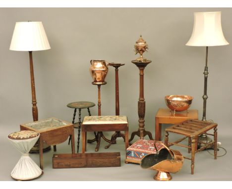 A mahogany luggage stand, a torchère, a planter, copper vessels, a samovar, and other items