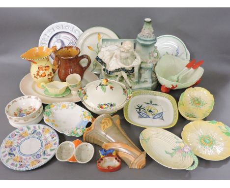 Carlton Ware dishes, a lobster salad bowl with claw servers, a Burleigh ware squirrel jug, a Royal Doulton peacock decorated 