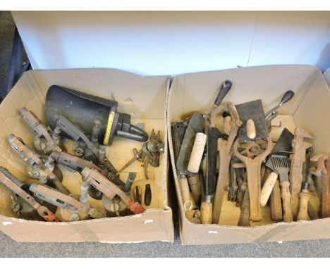 Two boxes of old brass blow lamps, engineering and rural tools, etc