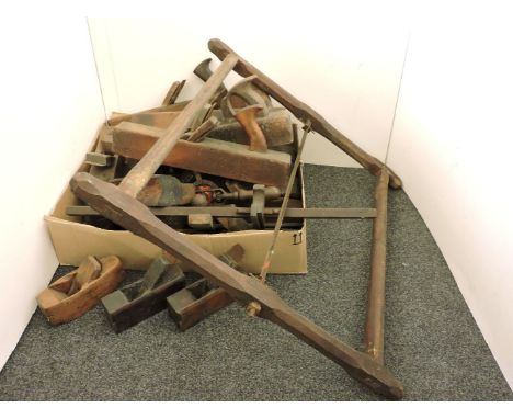 Woodworking tools, mainly smoothing planes, including three concave, an adze frame saw, etc