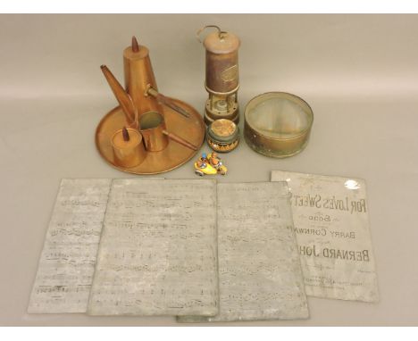 Miscellanea, including tools, cobblers' printing blocks, miner's lamp, copper coffee set, zinc music sheet printing plates, e