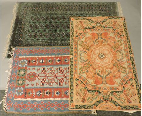 A modern rug, 213 x 130cm, a Kelim, 140 x 109cm, and a modern tapestry 168 x 110cm, provenance: Stonebeck House, Bath