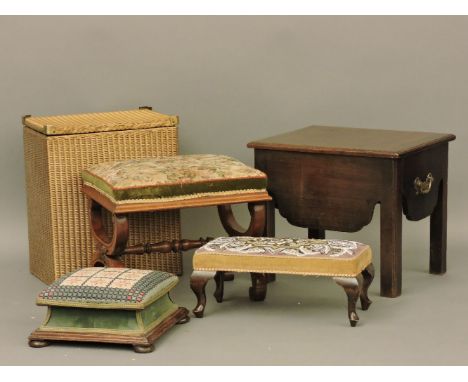 A mahogany stool, another, a box commode, a Lloyd Loom basket, and a stool