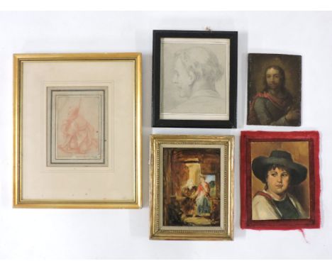 An old master sketch, red crayon, 12 x 8.5cm, and four further pictures