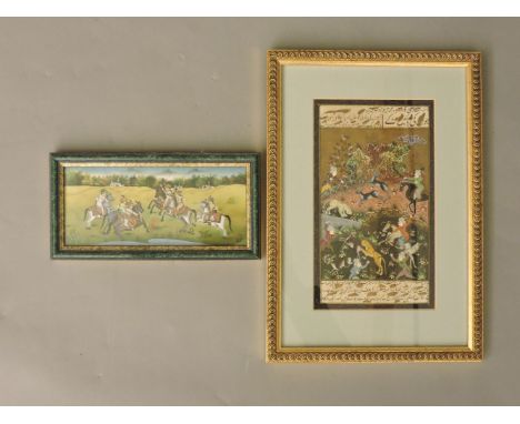 Two Moghul miniatures, depicting a hunting scene and figures on horseback, 23 x 13cm and 9 x 20cm, provenance: Stonebeck Hous