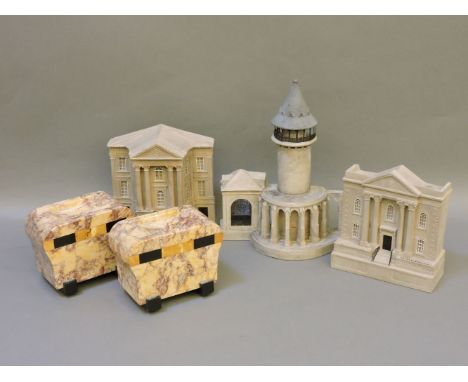 Three modern architectural models, by Timothy Richards, of the Tyl Theatre, Prague, 18th century Queen Anne House, Bath and U