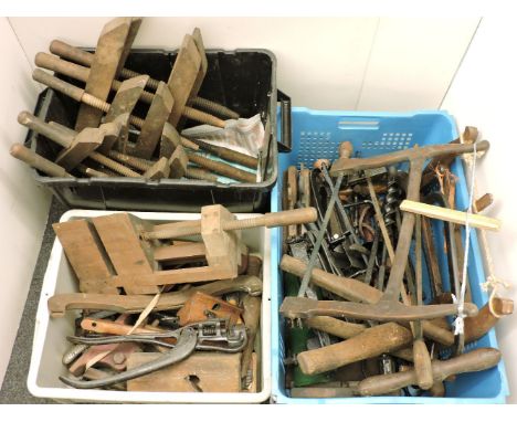 Three boxes of old wood working tools, clamps, frame saws, router, moulding planes, etc