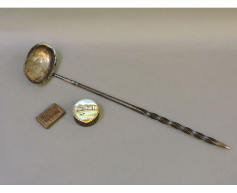 A silver punch ladle, with a whalebone handle, a treen snuff box, and a modern enamel box