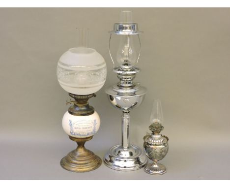 A late 19th/early 20th century advertising oil lamp, for 'Mortar Bluepill Practical Pharmaceutist', and Demijohn's Choice Liq
