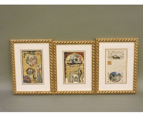 Three leaves from a Victorian illuminated manuscript, on vellum, scenes from the reign of Elizabeth I, two double sided, 16 x