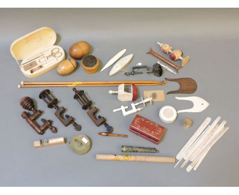 Victorian and Edwardian sewing items, including five table clamps with pin cushions and bobbin winders, vegetable ivory pin c