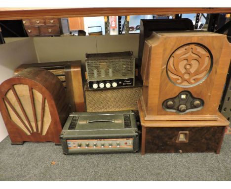 Eight old wooden cabinet radios, including 'Osram Four', GEC, Ferguson, an Epoch speaker, Tuac, amplifier, and Linear Conchor