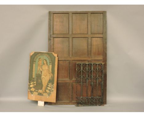 A 17th century oak panelled wall section, an iron railing section, and a painted wooden panel