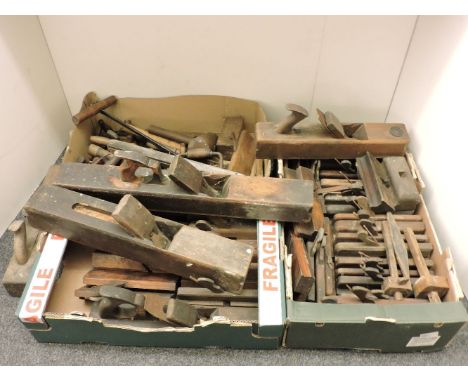Three boxes of old wood working tools, moulding planes, augers, block panes, etc