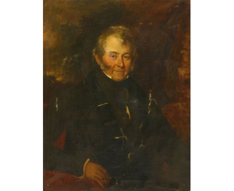 Circle of Sir John Watson Gordon (1788-1864)PORTRAIT OF A GENTLEMAN, HALF LENGTH, IN A BLACK COAT AND TARTAN WAISTCOATOil on 