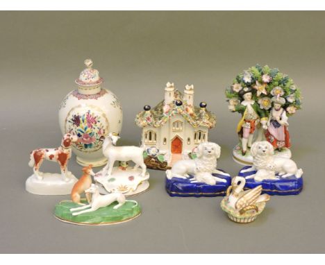 A mid 19th century pottery pastel burner, six animal groups, a Samson of Paris bocage group, and a pearl ware tea caddy and c