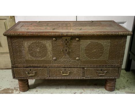 ZANZIBAR TRUNK, 78cm H x 128cm W x 58cm D, 19th century teak and brass with hinged top above three drawers on later loose tur