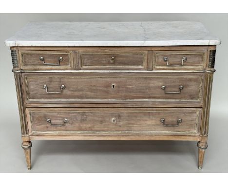 COMMODE, 19th century French Directoire style walnut and silvered metal, mounted with Carrara marble top above three long dra