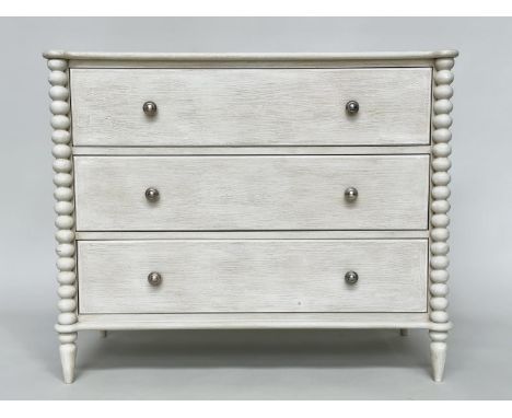 CHEST, shaker style grey painted with three long drawers flanked by bobbin turned pilasters, 103cm x 85cm H x 49cm. 