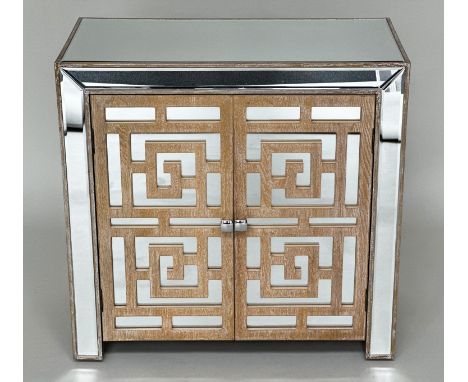 SIDE CABINET, Chinese style limed oak, with two pierced fretwork and mirror panelled doors, enclosing a shelf, 79cm W x 40cm 