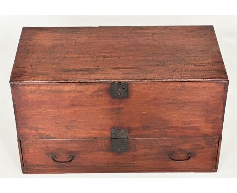 JAPANESE TRUNK, 19th century firwood lacquered with rising lid, full width drawer, iron mounts and carrying handles, 79cm W x