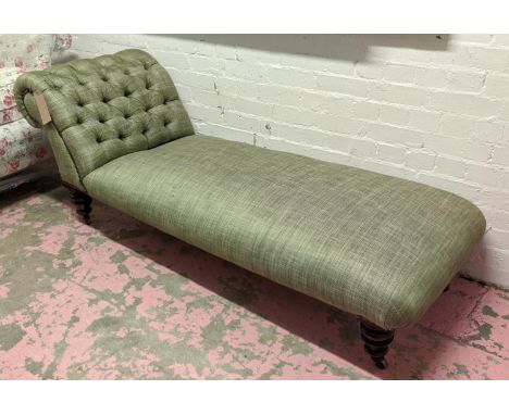 DAYBED, Victorian, newly reupholstered in a buttoned green fabric, 69cm H x 61cm D x 195cm L. 