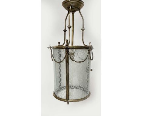 HALL LANTERN, early 20th century brass cylindrical with door and glazed and frosted panels and brass swag beaded decoration, 