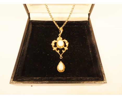 An articulated 9ct gold and white opal pendant on belcher chain necklace, 11.5g (teardrop pendant lacking bale to attach it t