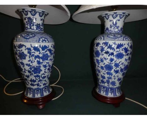 A pair of Chinese style blue and white baluster shape Vases, converted to Table Lamp bases, 37cm high (vases only) 