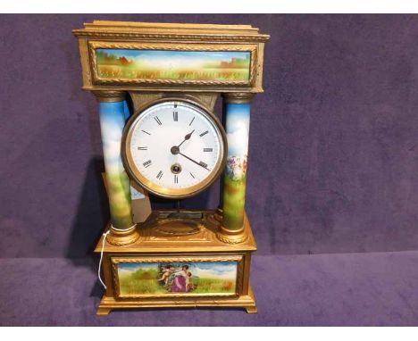 A 19th century French porcelain and gilt Portico Mantel Clock, white enamel dial wilt hand painted panels and colums, Japy Fr