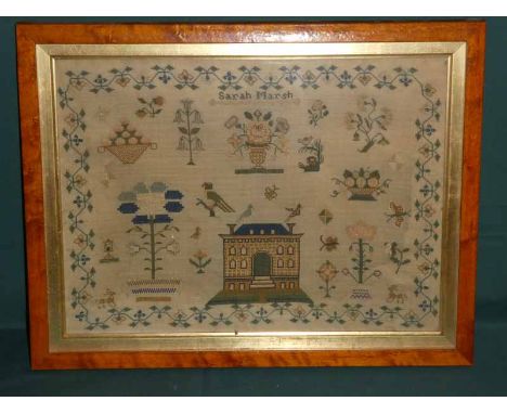 An early 19th century undated Sampler by Sarah Marsh depicting a Country House, displays of flowers and shrubs, birds, insect