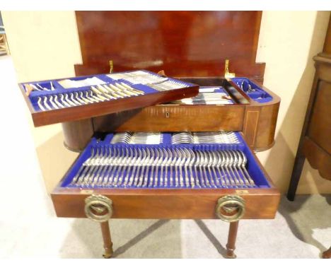 A good quality Regency style mahogany freestanding Canteen of Kings Pattern Cutlery, reeded and rounded hinged rectangular to