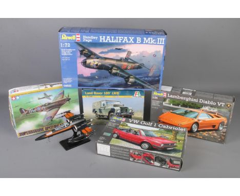 A quantity of boxed model vehicles and a model of a Star Wars X Wing Fighter. Includes Revell examples, etc.  
